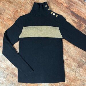 Ralph Lauren Ribbed Mock Neck Top Womens S Metallic Gold Buttons‎ Colorblock Y2k